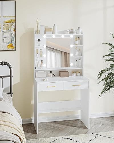 Hzuaneri Dressing Table with Mirror and Led Light, Vanity Desk with Adjustable Brightness, Vanity Table with Shelves and 2 Drawers, for Bedroom, Living Room, 40 x 80 x 149 cm, White DT08203XV1UK thumbnail 7