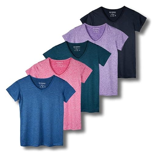 Real Essentials 5 Pack: Women's Short Sleeve V-Neck Activewear T-Shirt Dry-Fit Wicking Yoga Top (Available in Plus) - Image 1