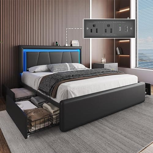 Queen Size Bed Frame with 4 Storage Drawers and LED Lights, Upholstered Platform Bed with Adjustable Headboard and Charging Station, Metal Slats Support, No Box Spring Needed,Easy Assembly, Black - Image 1