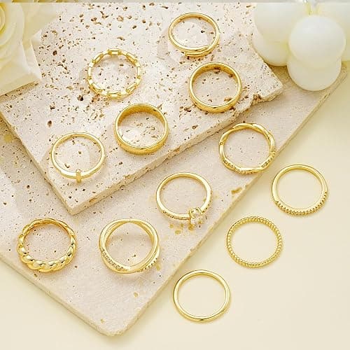 FAXHION 12 PCS Dainty 14K Gold Rings for Women, Eternity Open Chunky Twist Simulated Diamond Criss Cross Designs, Non Tarnish Gold Plated Stacking Thumb Ring, Perfect for Wedding Bands Size 5-11 thumbnail 8