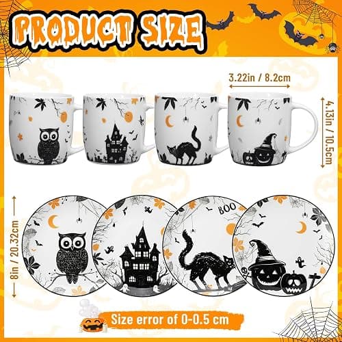 SiliFine 8 Pcs Vintage Halloween Ceramic Dinnerware Set 8 Inch Gothic Plates and 11 oz Mugs Halloween Haunted Owl Pumpkin Cat Dessert Plates and Mugs for Indoor Outdoor Party Kitchenware Gift thumbnail 3