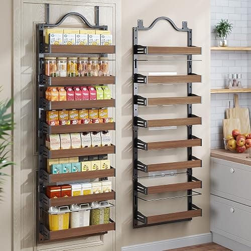 Freexployer 8-Tier Spice Rack Wall Mount, Heavy-Duty Over the Door Pantry Organizer with Wooden Adjustable Basket, 2 IN 1 Wall Mount or Hanging Pantry Door Organizer,Door Spice Rack for Pantry, Black - Image 1