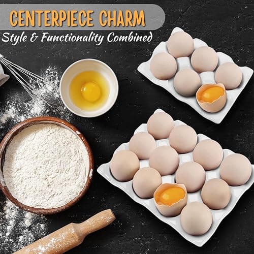 Flexzion 12 + 6 Cups Ceramic Egg Holder for Fridge - 18 Porcelain Egg Tray Container Keeper Storage Organizer Decorative Serving Stand Serveware for Refrigerator Countertop Display Kitchen (White) thumbnail 2