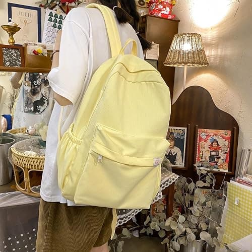 Extolove Cute Aesthetic Backpack Y2K Simple Solid Color Kawaii Backpacks Travel Laptop Backpack (Yellow) thumbnail 2