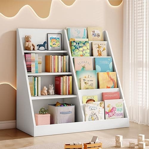 Tatub 6 Tier Kids Wooden Bookshelf and Toy Storage, Children Toy Organizer with Book Shelves, Toddler BookRack Baby Bookcase for Nursery, Playroom and Classroom, White - Image 1
