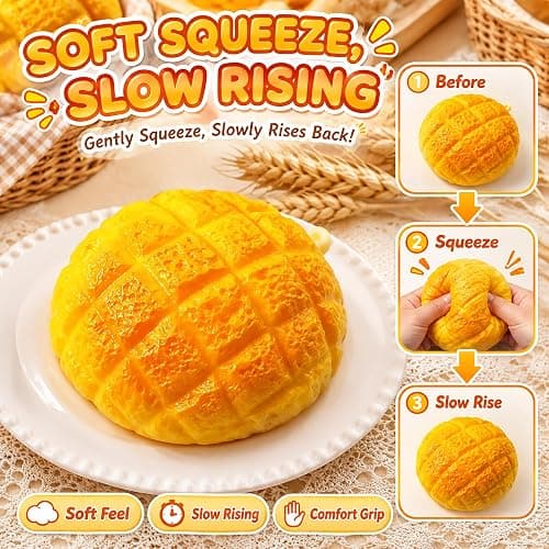 Crunchy Pineapple Bun Squishy, Slow Rising ASMR Squeeze Fidget Toy | Soft Squishy with Crunchy Sensory Feedback, 3.54in Palm Size for Desk, Study Breaks, Travel, Display, Ideal Gift for Adults thumbnail 3