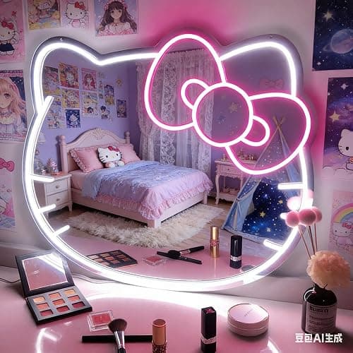 THIIXDAI Hello Kit Mirror with Light Neon Signs for Room Decor, USB Powered Cute Cat LED Lights, Teen Girl Best Gift, Makeup Mirror Neon Sign Wall Decor (Warm White) thumbnail 5