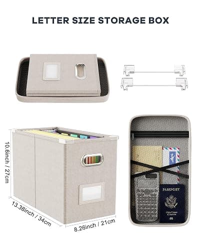 Oterri File Organizer Box with Lid, Hanging Filing File Box with Mesh Pocket, Document Organizer Box for Letter Files, Portable Storage Box with Smooth Sliding Rail for Office&Home (1 PCS, Beige) thumbnail 3