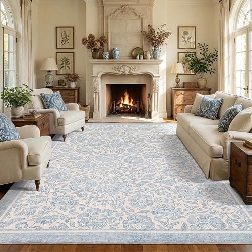 Garvee Blue Floral 8x10 Area Rug for Living Room Washable Boho Dorm Rug | for Bedroom Vintage Flower Soft Girls Room Rug Non-Slip Nursery Rug for College Playroom Dining Room Dorm Baby room thumbnail 3