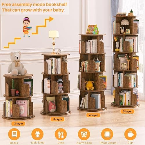 Aheaplus Rotating Bookshelf, 360 Display Wood Spinning Bookshelf Tower, 5 Tier Floor Standing Bookcase Storage Rack, Revolving Bookcase Corner Bookshelfs for Small Space, Study, Bed Room, Rustic Brown thumbnail 6