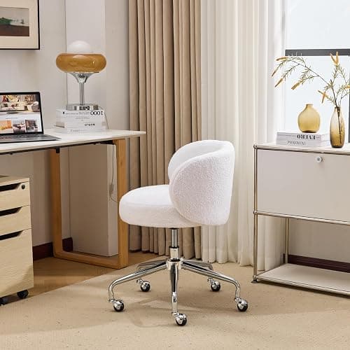 VINGLI Cute Small Swivel Desk Chair Comfy with Wheels,Ergonomic Low-Back Lumbar Support Vanity Nail Tech Rolling Task Stool Girls Women Kids Chair for Home Office,Height Adjustable,Teddy Fleece,White thumbnail 3