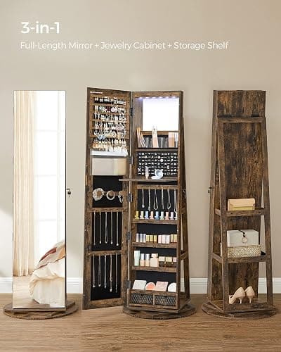 SONGMICS 6 LEDs Lockable Mirror Jewelry Cabinet, 360° Swivel Jewelry Organizer Armoire Standing, Frameless Full-Length Mirror, 3 Storage Shelves, Christmas Gifts, Rustic Brown and Black UJJC007X01 thumbnail 4