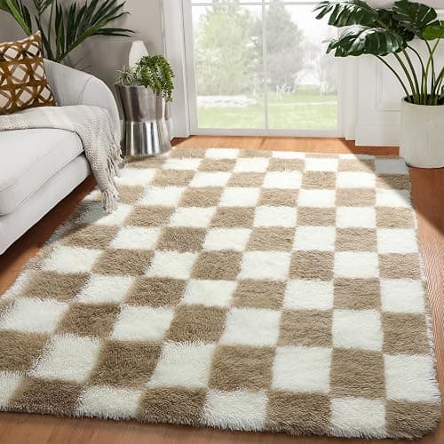 KICMOR Area Rugs for Bedroom Living Room, 4x6 Fluffy Soft Beige and Cream White Checkered Rug Fuzzy Shag Shaggy Carpet, Indoor Plush Rugs for Kids Boys Girls Dorm Nursery Office Home Decor Aesthetic - Image 1