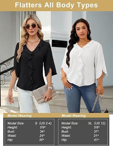 Blooming Jelly Womens Dressy Casual Blouses 3/4 Sleeve V Neck Ruffle Tops Business Ladies Summer Trendy Fashion Work Shirt thumbnail 6