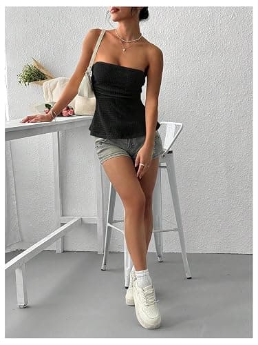 SHENHE Women's Y2k Peplum Tube Top Ruffle Hem Ruched Bandeau Tank Strapless Going Out Top thumbnail 4