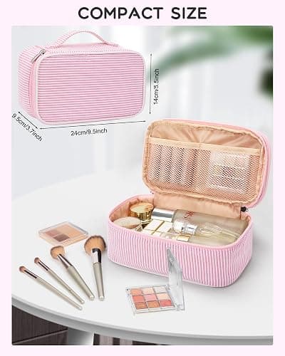 Relavel Cute Makeup Bag for Girls, Portable Pink Cosmetic Bag, Dual-layer Makeup Pouch with Brush Holder, Multi-Functional Preppy Toiletry Organizer for Travel, Daily Use - Pink Strip thumbnail 3
