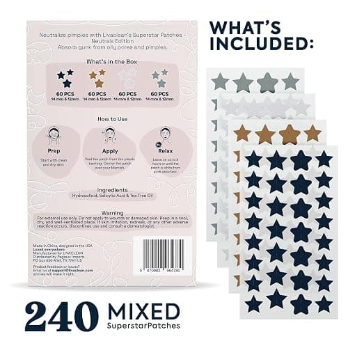 LivaClean 240 CT Neutrals Pimple Patches for Face w/Salicylic Acid & Tea Tree, Hydrocolloid Acne Patches Cute Star Pimple Patch for Healing, Cute Face Stickers, Zit Patch thumbnail 2