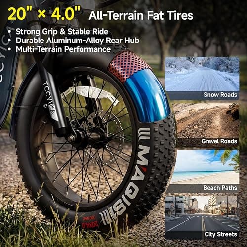 tccyica Electric Tricycle for Adults, Fat Tire 3 Wheel Electric Trike Ebike, 750W Motor Peak 1350W, 52V 32Ah Removable Battery, 50 Miles Range, 7 Speed, 4-Piston Hydraulic Brakes, Cargo Rack thumbnail 7