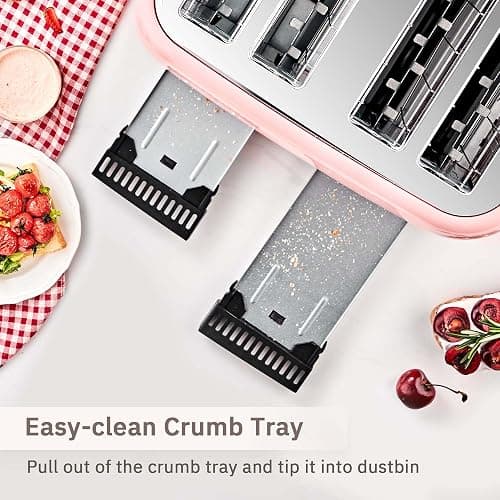 Roter Mond Toaster 4 Slice Retro Stainless Steel with Extra Wide Slots Bagel, Defrost, Reheat Function, Dual Independent Control Panel, Removable Crumb Tray, 6 Browning Levels, Pink thumbnail 8