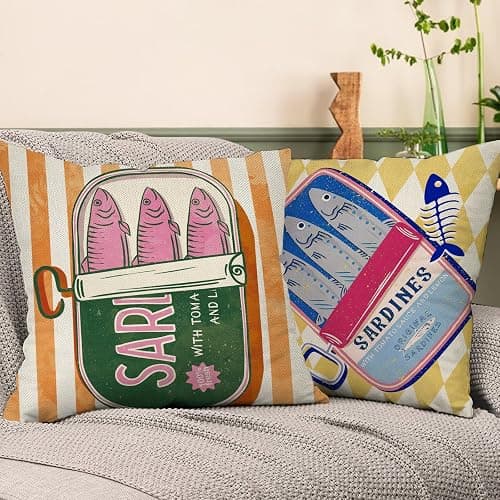 Fjfz Sardines Can Decorative Throw Pillow Covers 18 x 18 Set of 4, Beach Coastal Fish Fisherman Aesthetic Porch Outdoor Home Decor, Retro Nautical Plaid Stripes Argyle Sofa Couch Cushion Case thumbnail 5