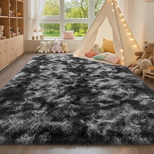 HQAYW 4x6 Black Grey Area Rugs for Living Room, Ultra Soft Fluffy Tie-Dyed Washable Non-Slip Rug, Plush Shaggy Modern Carpet for Kids Girls and Boys Dorms Nursery Bedroom Home Decor thumbnail 8