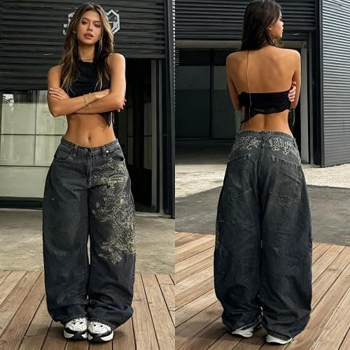 Unisex Y2K Hip Hop Street Jeans Skeleton Printed Gothic Baggy Jeans Vintage High Waist Denim Jeans Wide Leg Pants thumbnail 7