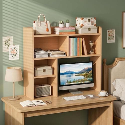 JupiterForce Desktop Bookshelf, Wooden Desktop Hutch Desk Shelf Storage Rack for Home Office, Study, Dorm Room, Multi-Compartment Desktop Organizer (Natural, 4 Shelves) thumbnail 2