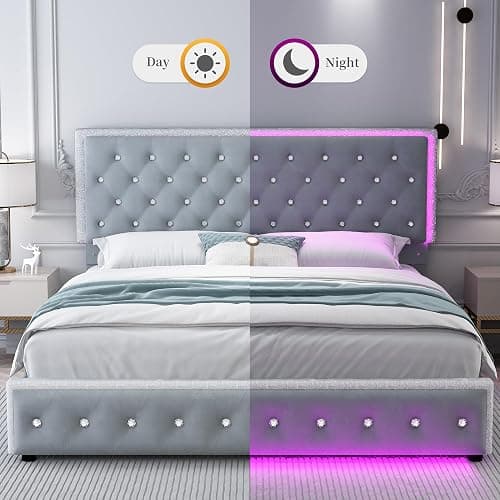 SIBEDS Queen Led Bed Frame with 2 Drawers, Storage Platform Queen Size Upholstered Bed Frames with Crystal Button Tufted Headboard, Solid Slats Support, Noise Free, No Box Spring Needed, Velvet Grey thumbnail 3