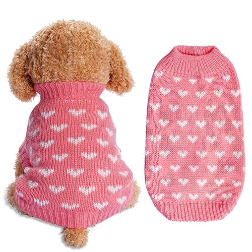 Dxhycc Dog Knitted Sweater Heart Puppy Sweater Warm Soft Pet Holiday Clothes for Small Cats and Dogs (Pink, S) - Image 1