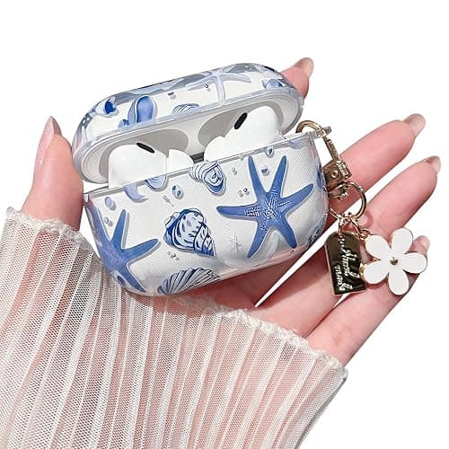 MINSCOSE Compatible with AirPods Pro 2nd/1st Generation,Cute Beautiful Seashell and Starfish Pattern Design with Keychain, Soft TPU Protective Shockproof Cover for AirPods Pro/Pro 2-Blue - Image 1