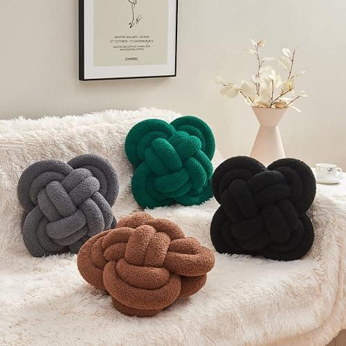 Xiashrk Knot Pillow Ball, 12" Soft Decorative Throw Pillows for Couch Bed, Dark Brown Knotted Plush Throw Pillow Handmade Square Cushion Home Couch Decor Pillows for Living Room thumbnail 2