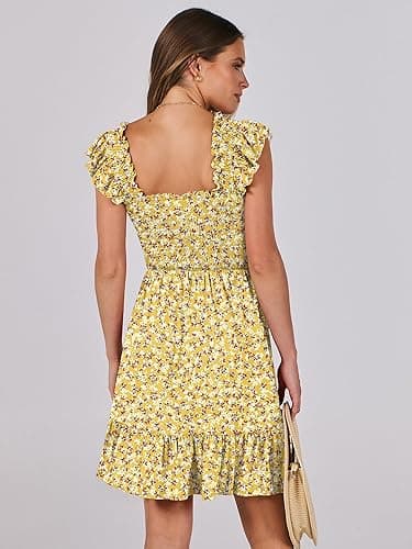 Prinbara Womens Summer Casual Square Neck Smocked Short Sundress 2025 Spring Beach Vacation Flowy Cute Teen Boho Dresses - Floral Yellow - X-Small thumbnail 5