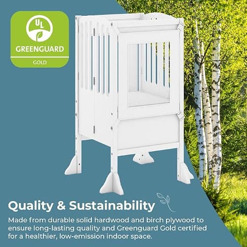 Guidecraft Kitchen Helper® Toddler Tower Step Stool - Contemporary - White: Folding Adjustable Height Montessori Wooden Learning Furniture with Keepers thumbnail 4