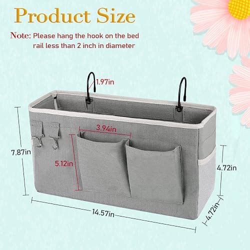 Ozzptuu Bedside Storage Caddy/Bedside Hanging Storage Bag for Headboards Bunk Beds Dorm Rooms Book Phone Magazine Holder (Grey) thumbnail 2