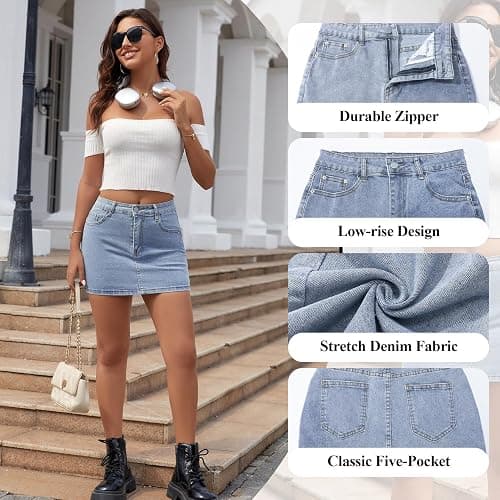 VOLOVEN Women's Denim Skirts Mini Low Waisted Jean Skirt Y2K Casual Stretchy Cute Skirt with Pockets thumbnail 4