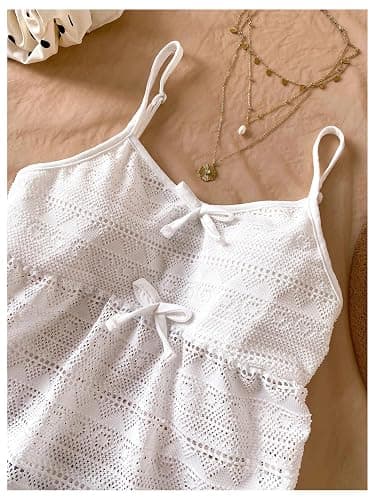 RoseSeek Girl's Boho Bowknot Hollow Out Camisole Tops Spaghetti Strap V Neck Babydoll Crop Top thumbnail 3