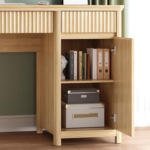 OneBlis 55" Fluted Executive Desk with Drawers & Charging Station, Large Wood Computer Desk with File Drawer and Storage Cabinet, Modern Home Office Desk with Power Outlets, Oak Wood thumbnail 7