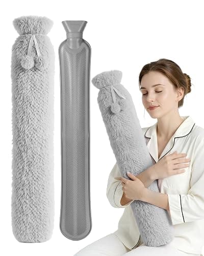 KEPLIN Extra Long 2L Hot Water Bottle with Super Soft Fleece Cover, Durable Natural Rubber, Long Lasting Warmth for Neck, Back & Body, Winter Comfort - Grey - Image 1