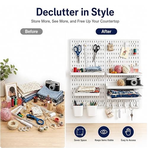 PSLER 22"×22" White Pegboard Kit with 17 Accessories, Garage Office Storage | Pegboard，Complete Hooks Accessories Kit, Multi-scene Organizer, Wall Mount Space Saving,Fits All Wall Surfaces thumbnail 3
