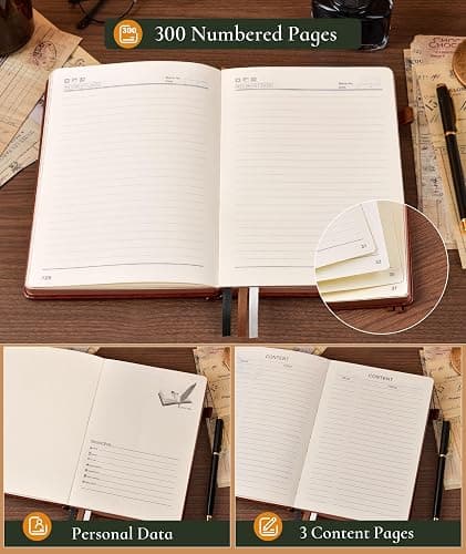 PAIBAS Vintage Leather Journal with 300 Numbered Pages,B5 Lined Journal for Men Women,Daily Journals for Writing,College Ruled Notebook for Work,School,Note taking,Travel Diary,Large (7" x 10") thumbnail 6