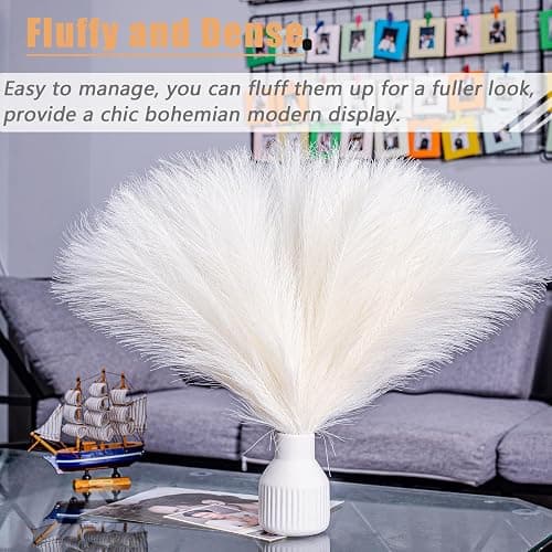Bnecnet 10 Stems White Pampas Grass Fluffy 17.7" Faux Pampas Grass Decor | Small Fluffy Pompas Floral Arrangement and Vase Filler for Boho Home Wedding Mothers Day Decoration thumbnail 4