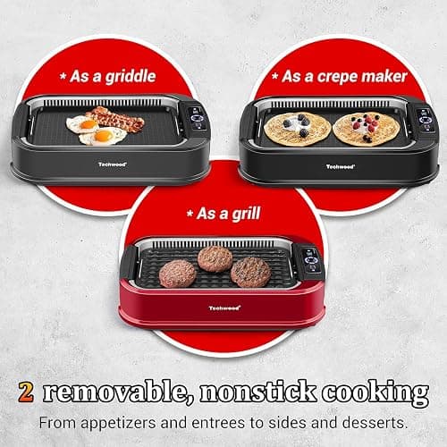 Indoor Smokeless Grill, Techwood 1500W Electric Indoor Grill with Tempered Glass Lid, Portable Non-stick BBQ Korean, Turbo Smoke Extractor Technology, Drip Tray& Double Removable Plate, Black thumbnail 5