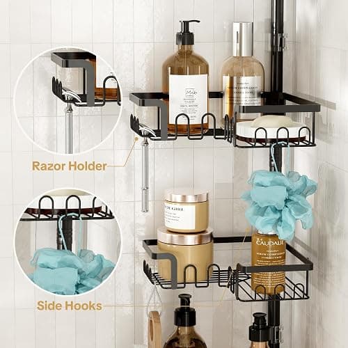 THKVESN Corner Shower Caddy Tension Pole Adjustable 29–124 Inch, 4 Tier Rustproof Shower Organizer Shelf Rack, Quick Installation Bathroom Storage Shower Caddy Corner Pole, Black thumbnail 5