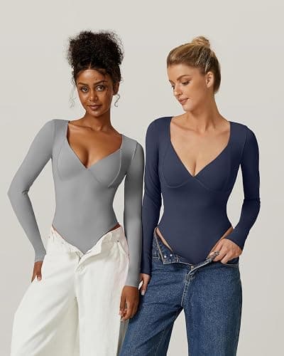 QINSEN Women's Long Sleeve Bodysuit V Neck Body Suits Seamed Cup Going Out Tops Shirt thumbnail 5