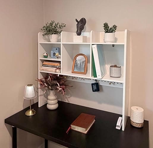 OOOK White Desk Hutch, Dorm Organizers and Storage, 3-Tier Desktop Bookshelf, Wooden Computer Desk with Hutch, Desk Hutch with Pegboard and Accessories Included for Office Dorm Home thumbnail 9