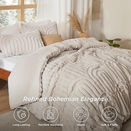 Bedsure Boho Tufted Queen Comforter Set - Beige Boho Bedding Comforter Sets, 3 Pieces Farmhouse Shabby Chic Embroidery Bed Set, Soft Fluffy Cozy Arch Pattern Comforter for All Seasons thumbnail 2