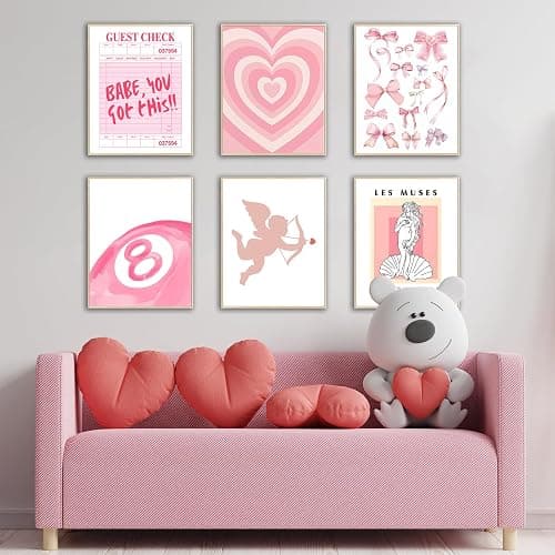 Pink Wall Art Posters - Aesthetic Prints, Cute Dorm Posters, Preppy Wall Decor with Heart & Bows - Set of 6 for Room Decor, Teen Girls Bedroom, College Dorm thumbnail 2