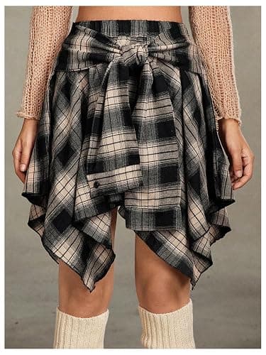 Verdusa Women's Y2k Goth Grunge Plaid Skirts Tie Vintage Asymmetrical Flowy Pleated Mini Skater Skirt thumbnail 2