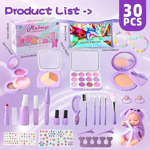 DIAOLEWITOY Pretend Makeup Kit for Girls - 30-Piece Play Cosmetic Set, Birthday Gift for Kids Ages 3-6 Years Old (Purple) thumbnail 8