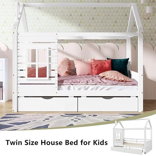 Aoowow Twin Size Kids House Bed with 2 Drawers, Wooden Twin Bed Frame with Window and Roof for Bedroom, Modern Twin Size Kid Playhouse Bed with Slats for Boys Girls, Can be Decorated, White thumbnail 4